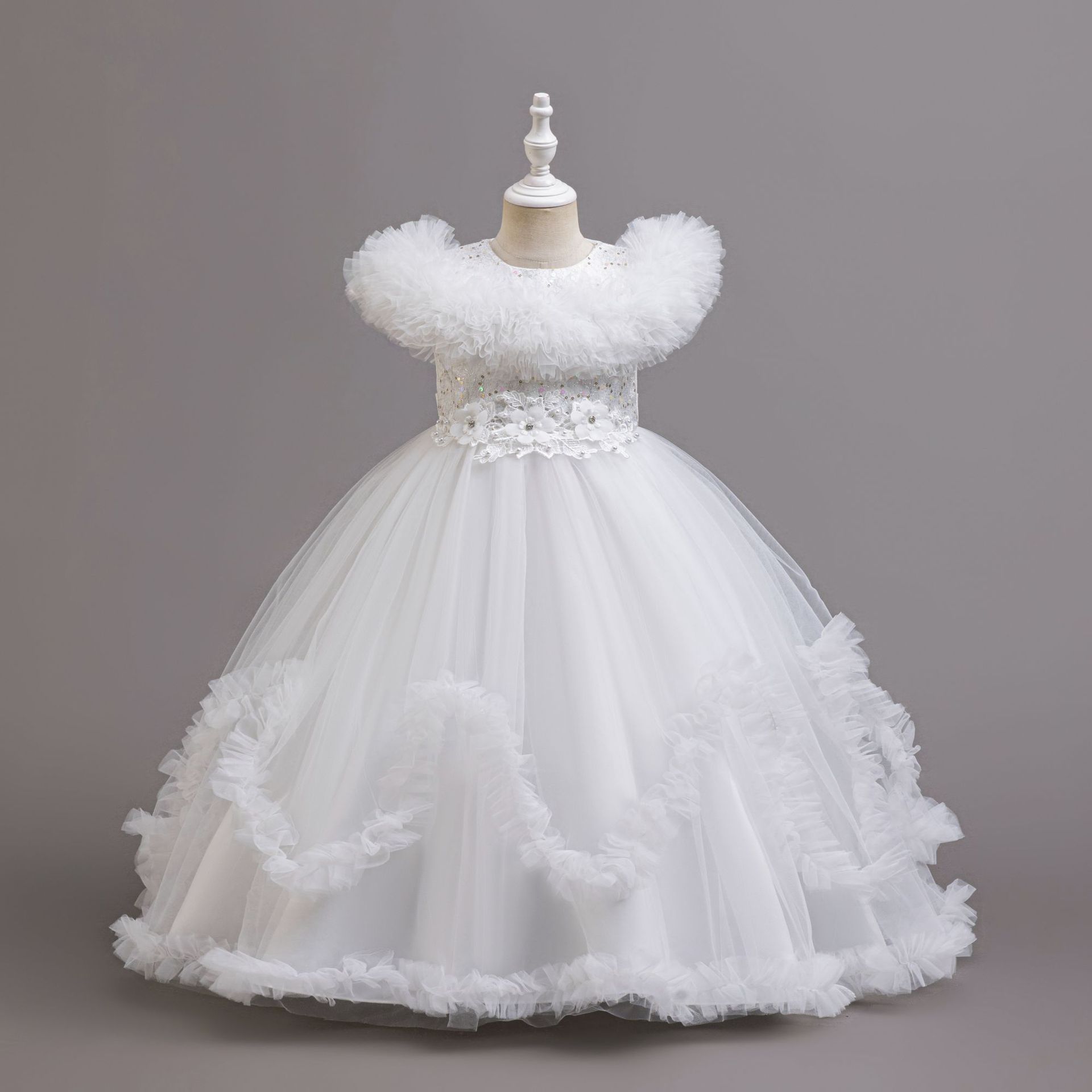 Summer new high-end girl dress fluffy mesh princess dress round neck long dress suitable for birthday party school Christmas party wedding dress performance dress.