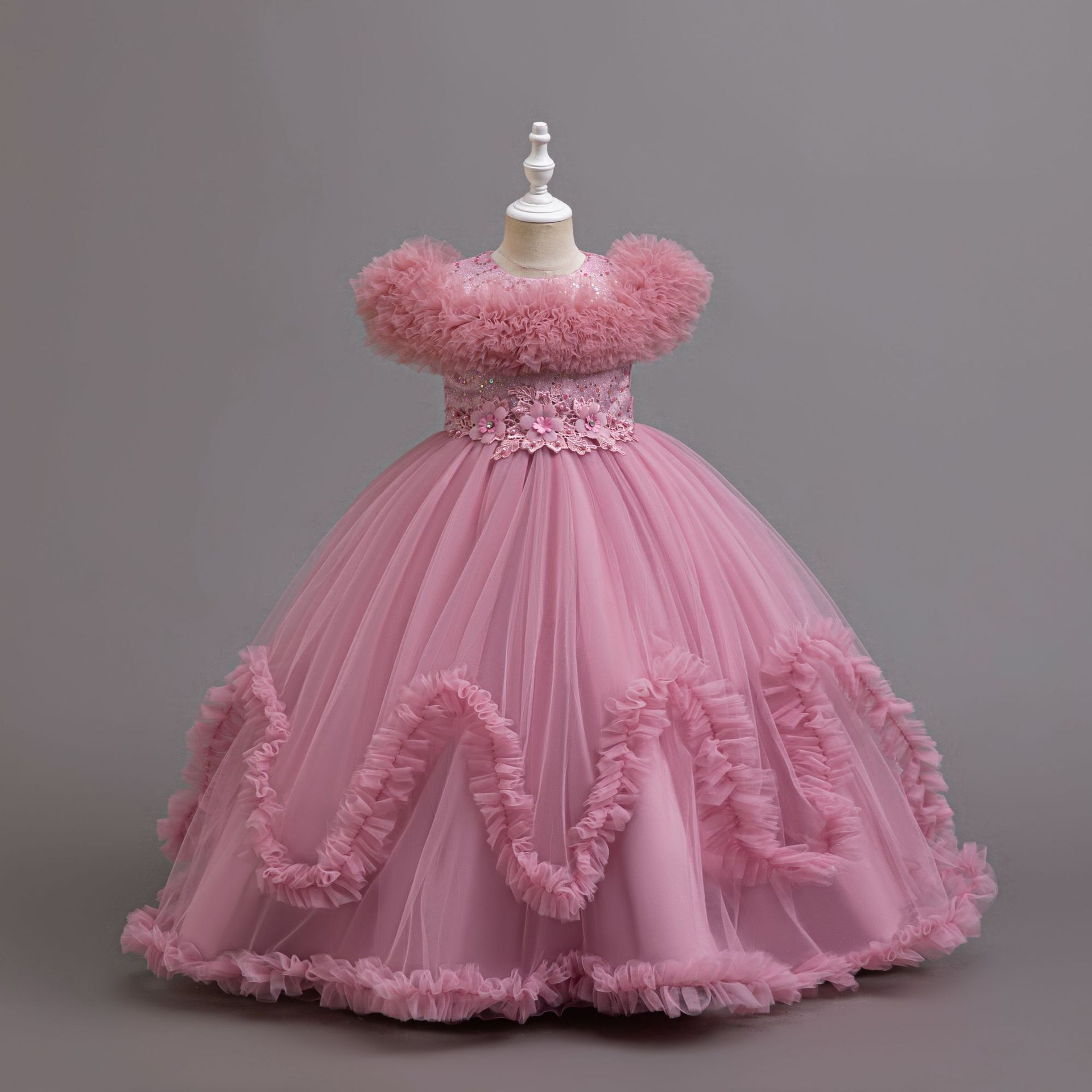 Summer new high-end girl dress fluffy mesh princess dress round neck long dress suitable for birthday party school Christmas party wedding dress performance dress.