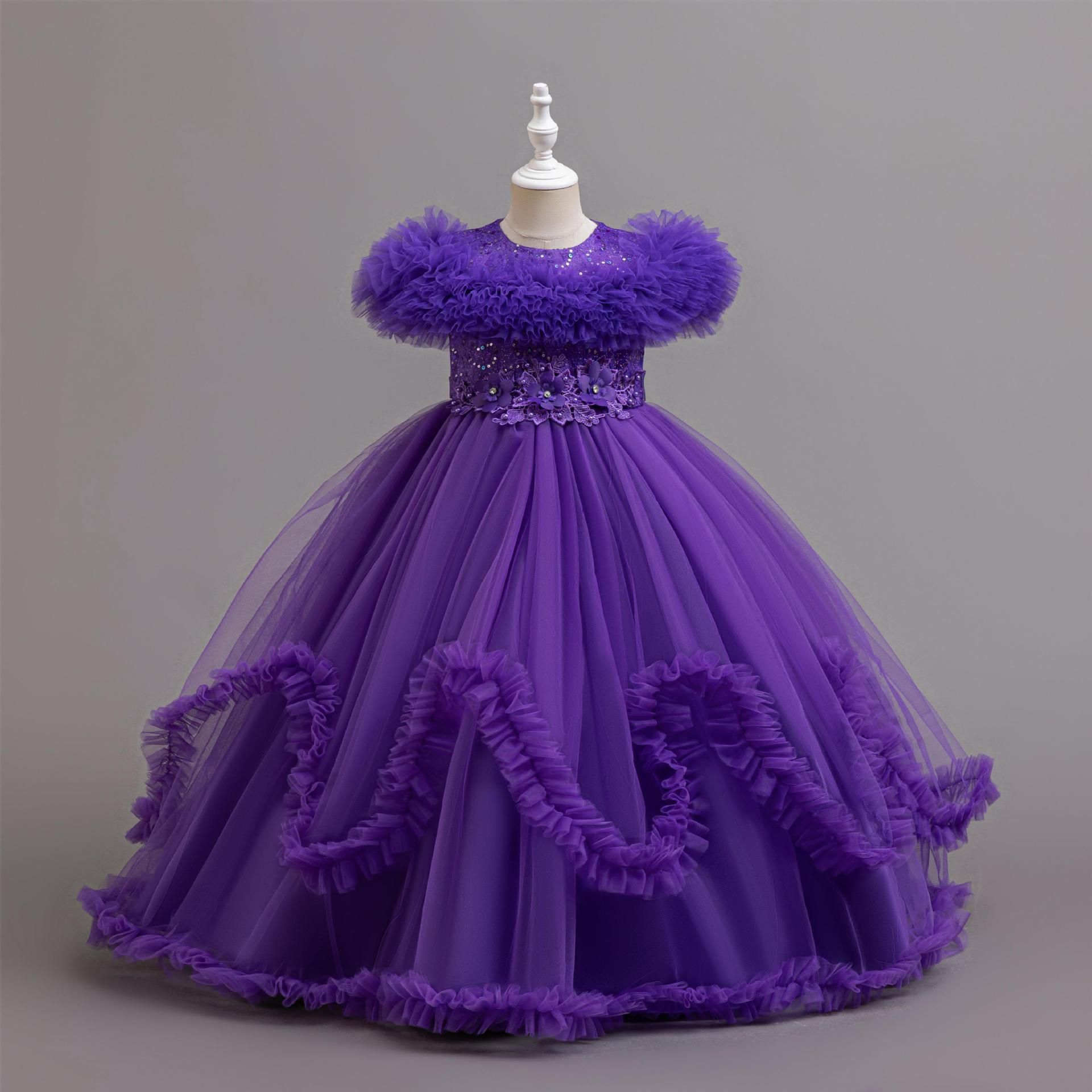 Summer new high-end girl dress fluffy mesh princess dress round neck long dress suitable for birthday party school Christmas party wedding dress performance dress.