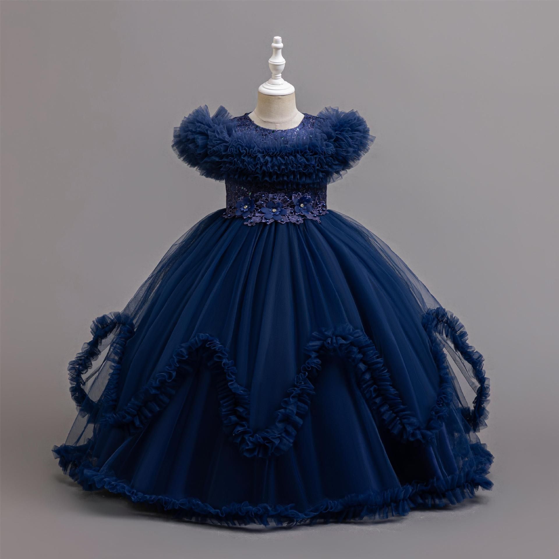 Summer new high-end girl dress fluffy mesh princess dress round neck long dress suitable for birthday party school Christmas party wedding dress performance dress.