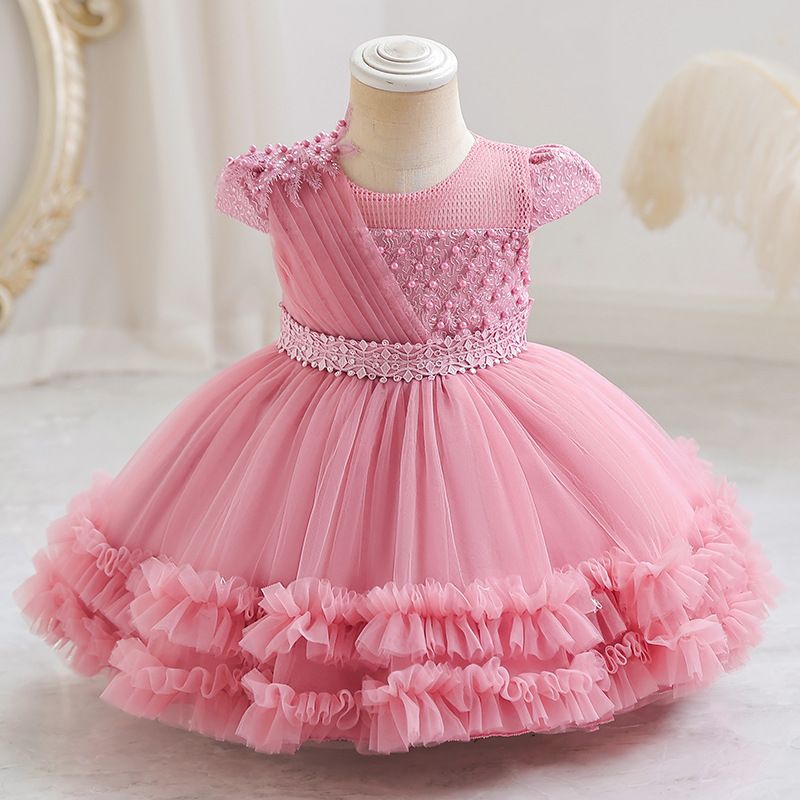 New high-end girls' dresses in summer are solid color round neck short-sleeved beaded fluffy gauze princess dress birthday party school Christmas party wedding dress costume.