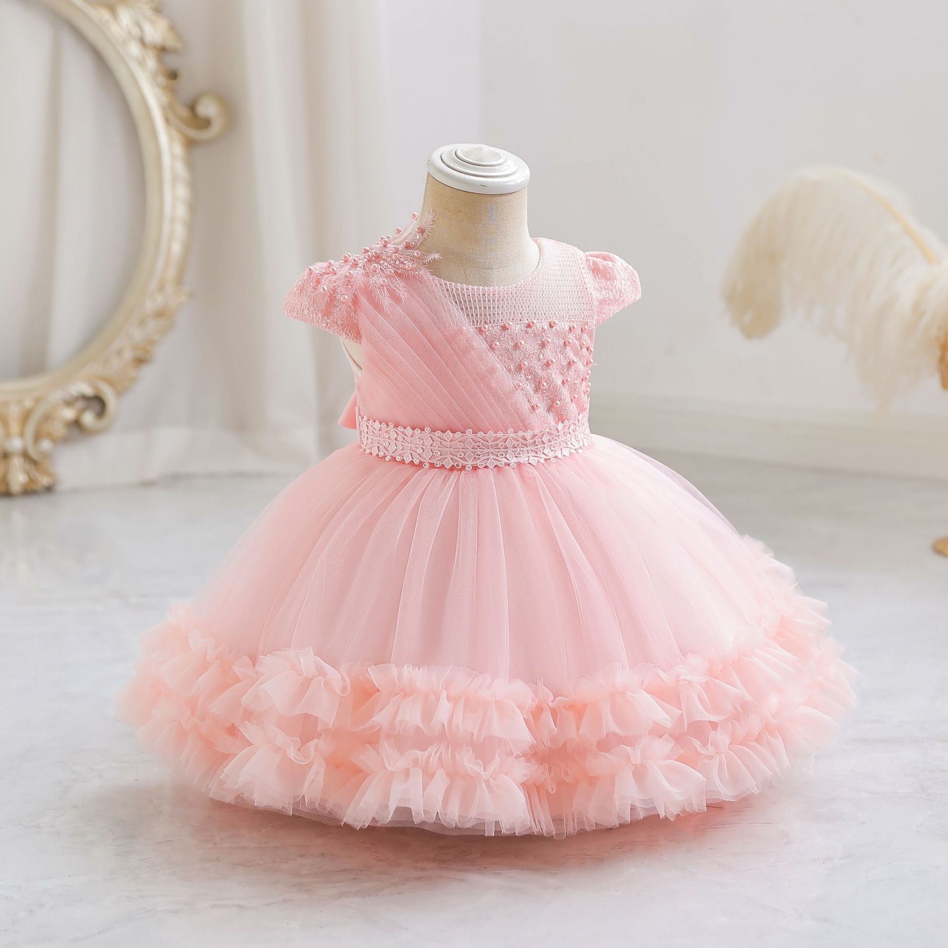 New high-end girls' dresses in summer are solid color round neck short-sleeved beaded fluffy gauze princess dress birthday party school Christmas party wedding dress costume.
