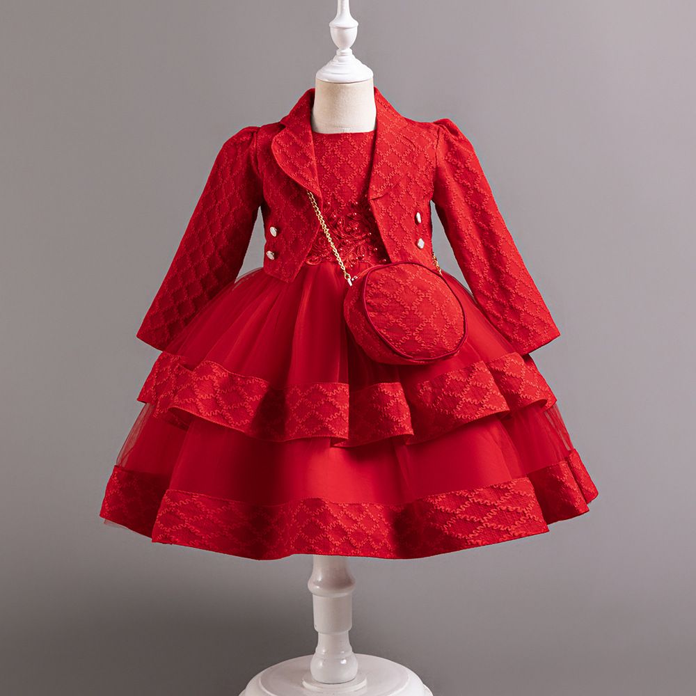 New girls' high-end dress set solid color long-sleeved lapel coat sleeveless round neck gauze dress backpack three-piece suit for birthday party school Christmas party wedding dress.