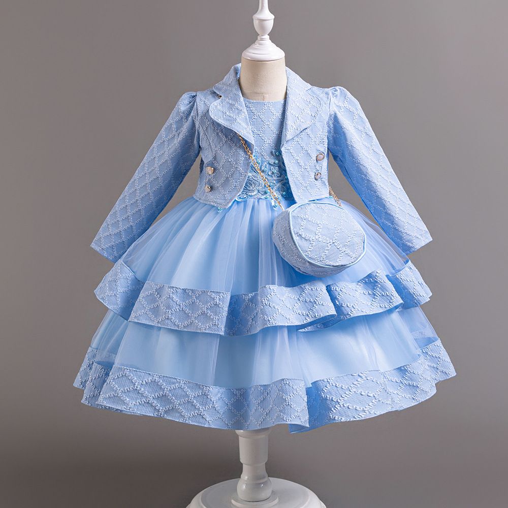 New girls' high-end dress set solid color long-sleeved lapel coat sleeveless round neck gauze dress backpack three-piece suit for birthday party school Christmas party wedding dress.