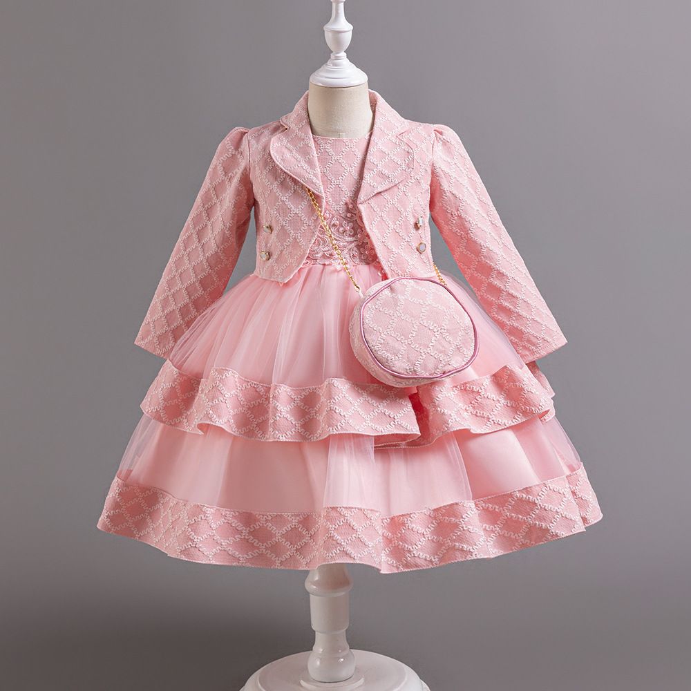 New girls' high-end dress set solid color long-sleeved lapel coat sleeveless round neck gauze dress backpack three-piece suit for birthday party school Christmas party wedding dress.