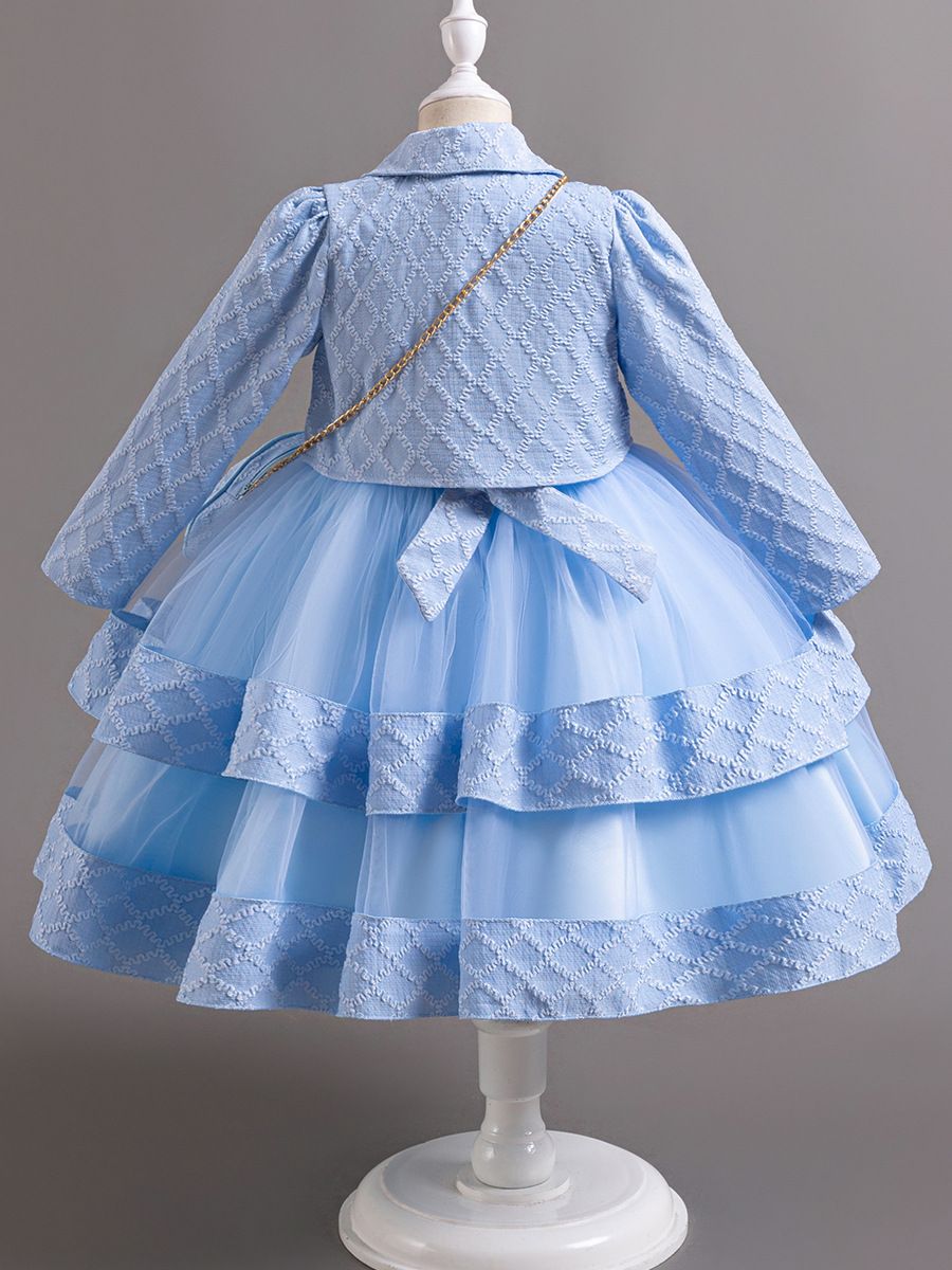 New girls' high-end dress set solid color long-sleeved lapel coat sleeveless round neck gauze dress backpack three-piece suit for birthday party school Christmas party wedding dress.