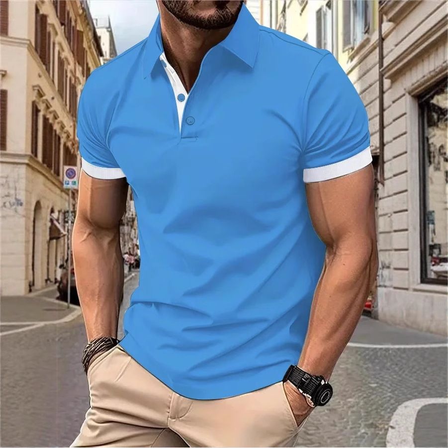 New men's short sleeve T-shirt fashion color matching lapel men's polo fir is suitable for daily leisure parties, office commuting business wear.