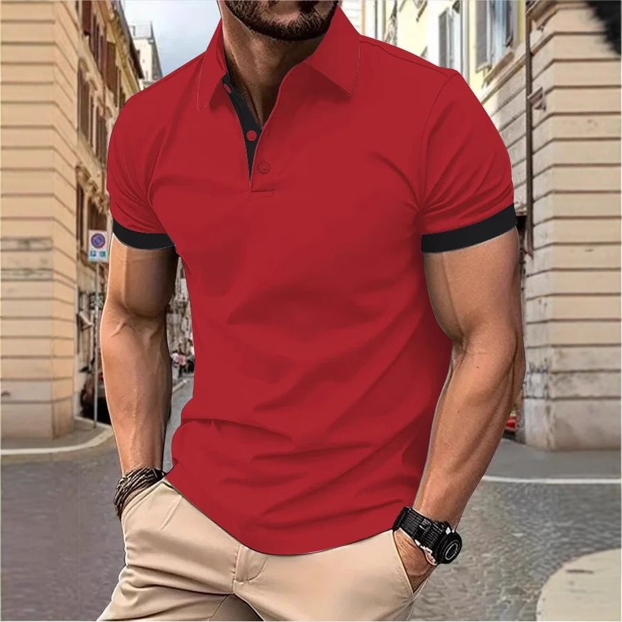 New men's short sleeve T-shirt fashion color matching lapel men's polo fir is suitable for daily leisure parties, office commuting business wear.