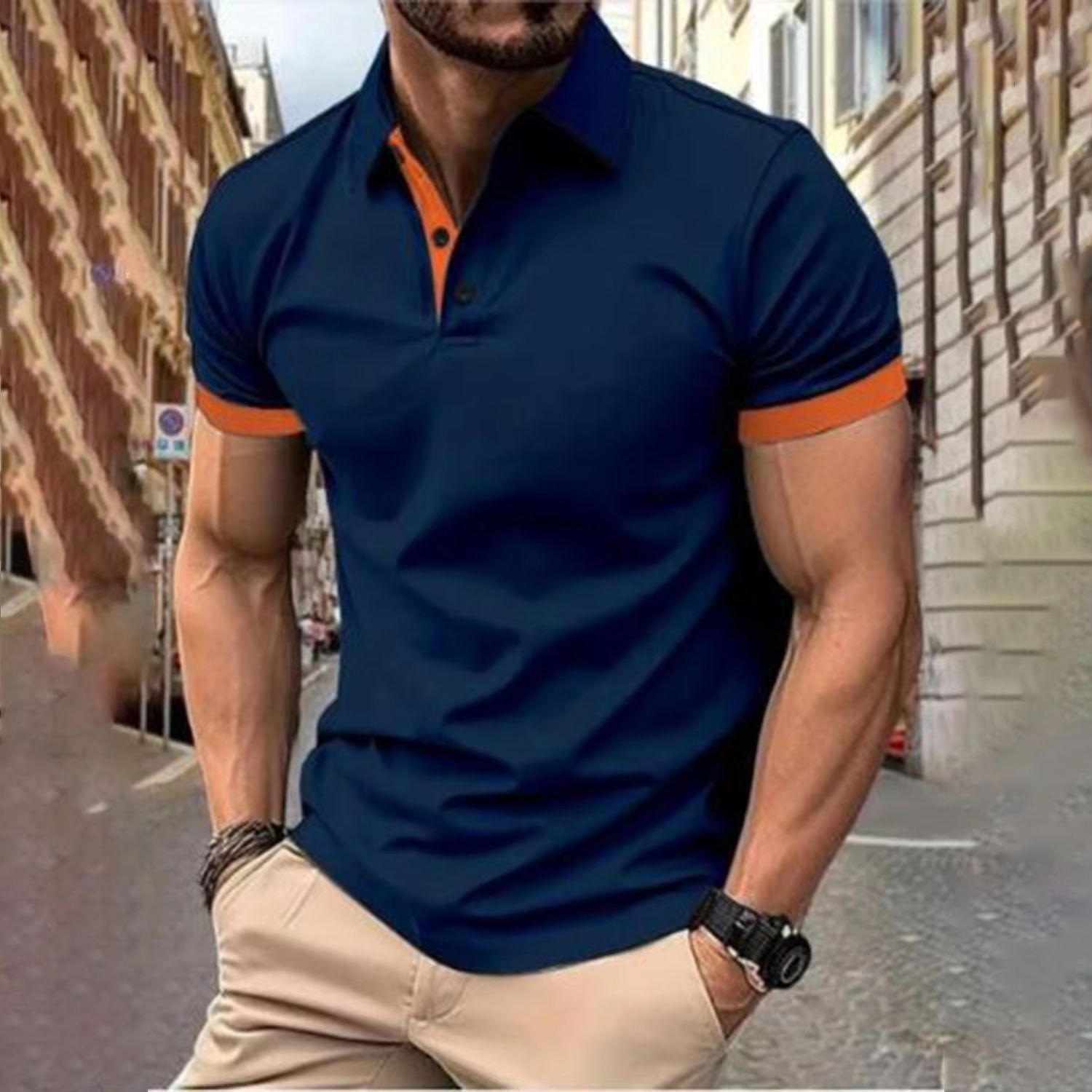 New men's short sleeve T-shirt fashion color matching lapel men's polo fir is suitable for daily leisure parties, office commuting business wear.