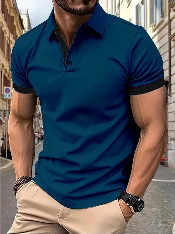 New men's short sleeve T-shirt fashion color matching lapel men's polo fir is suitable for daily leisure parties, office commuting business wear.