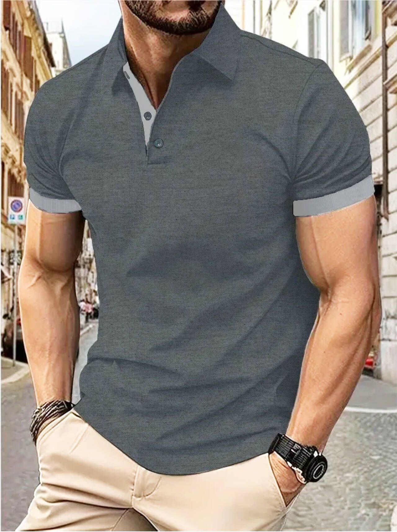New men's short sleeve T-shirt fashion color matching lapel men's polo fir is suitable for daily leisure parties, office commuting business wear.