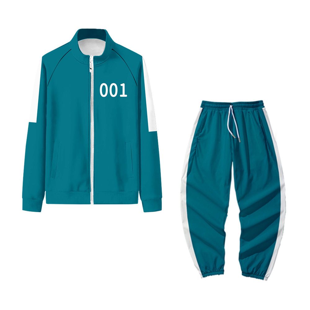 Summer new men's two-piece color matching long-sleeved stand-up zipper top loose elastic waist lace-up trousers sports suit is suitable for daily leisure outdoor sports wear.