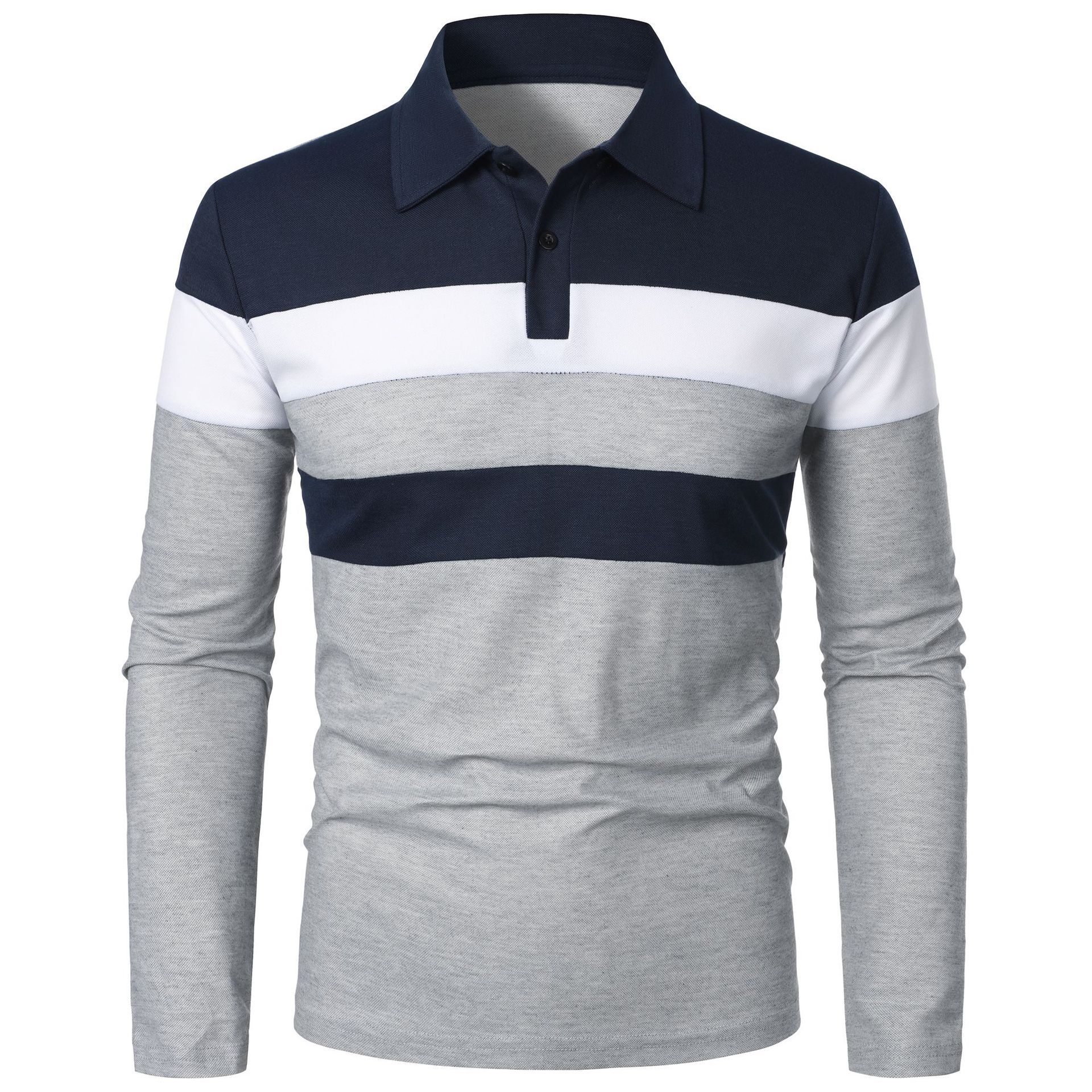 Summer new men's T-shirt long sleeve lapel stripe color matching fashion T-shirt is suitable for daily leisure outdoor sports commuting business wear.
