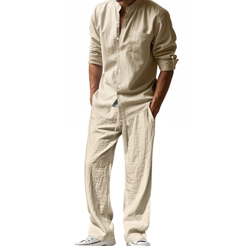 New men's two-piece suit Four Seasons linen men's casual loose breathable long-sleeved trousers shirt beach suit is suitable for daily leisure sports holiday wear.