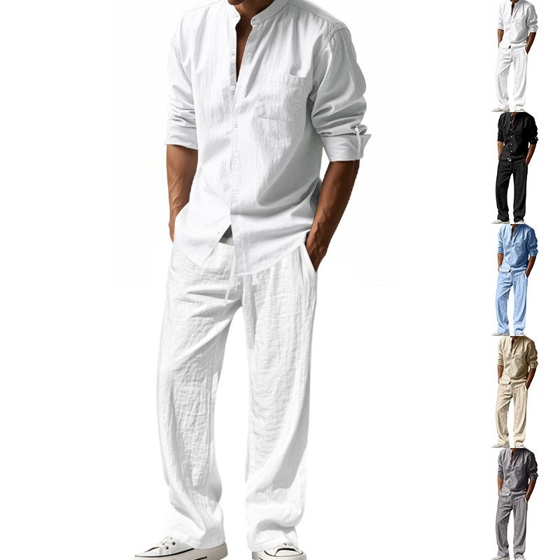 New men's two-piece suit Four Seasons linen men's casual loose breathable long-sleeved trousers shirt beach suit is suitable for daily leisure sports holiday wear.