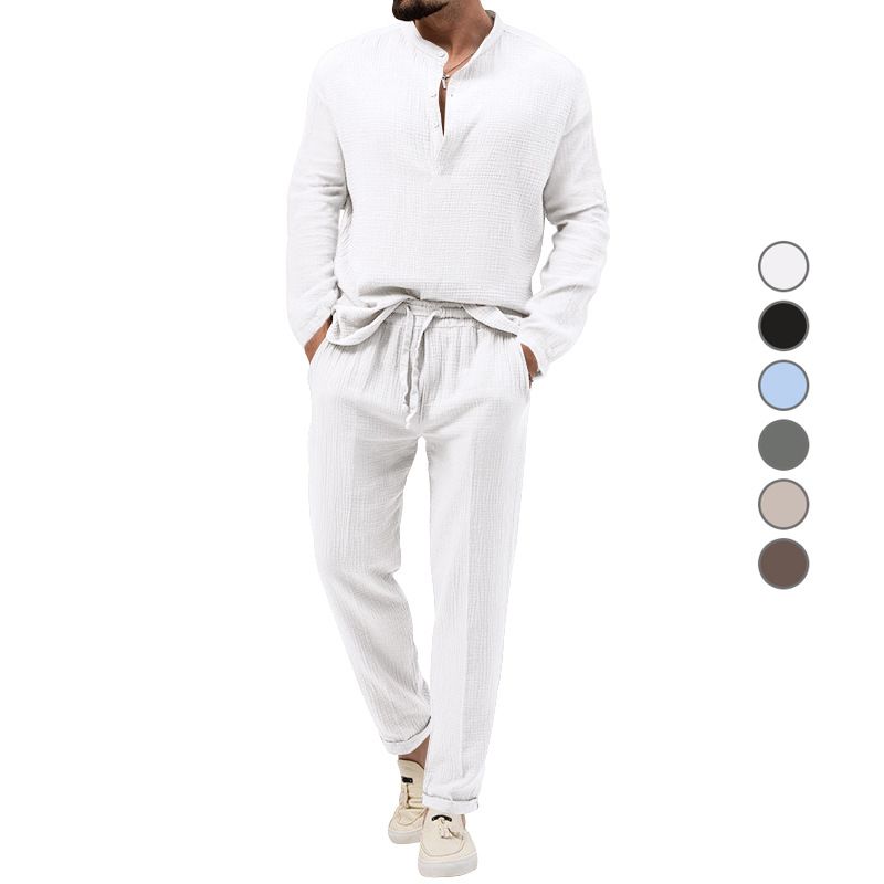 Spring and summer new men's two-piece solid color casual long-sleeved T-shirt loose casual trousers suit is suitable for daily leisure sports holiday wear.