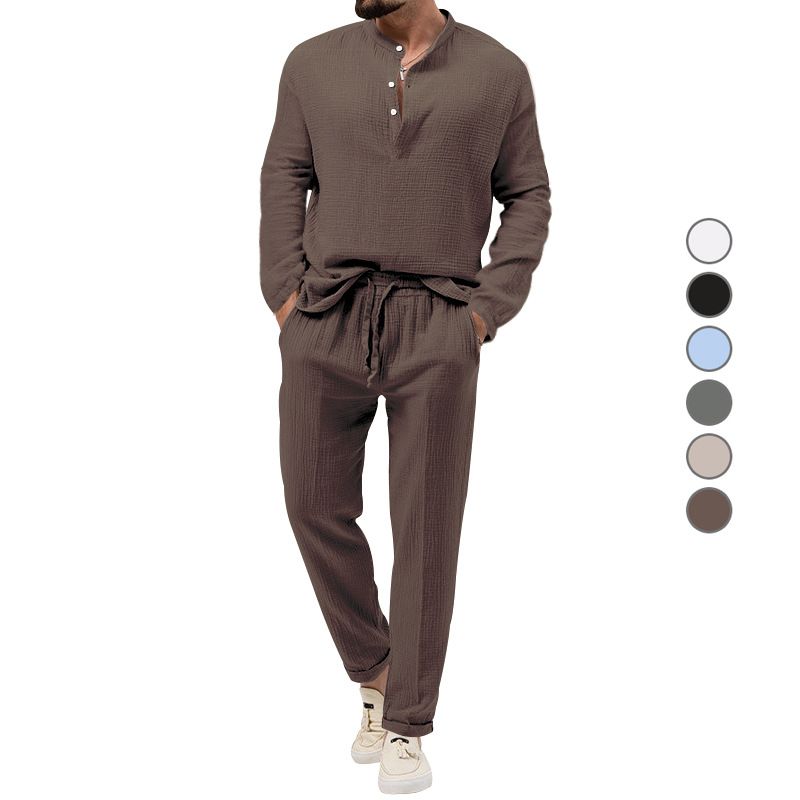 Spring and summer new men's two-piece solid color casual long-sleeved T-shirt loose casual trousers suit is suitable for daily leisure sports holiday wear.