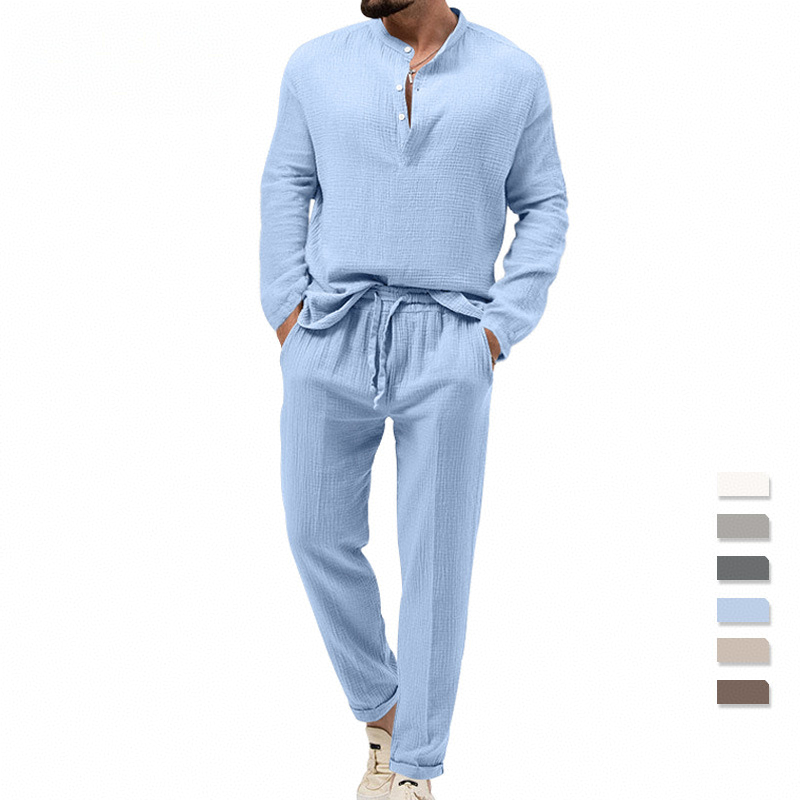 Spring and summer new men's two-piece solid color casual long-sleeved T-shirt loose casual trousers suit is suitable for daily leisure sports holiday wear.