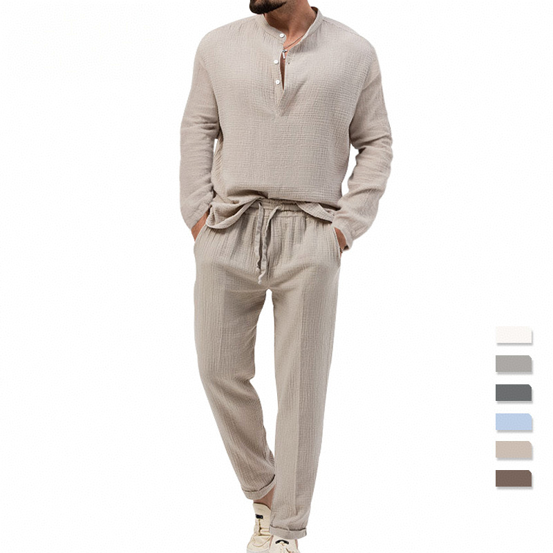 Spring and summer new men's two-piece solid color casual long-sleeved T-shirt loose casual trousers suit is suitable for daily leisure sports holiday wear.