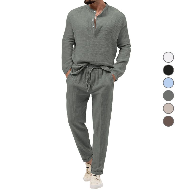 Spring and summer new men's two-piece solid color casual long-sleeved T-shirt loose casual trousers suit is suitable for daily leisure sports holiday wear.
