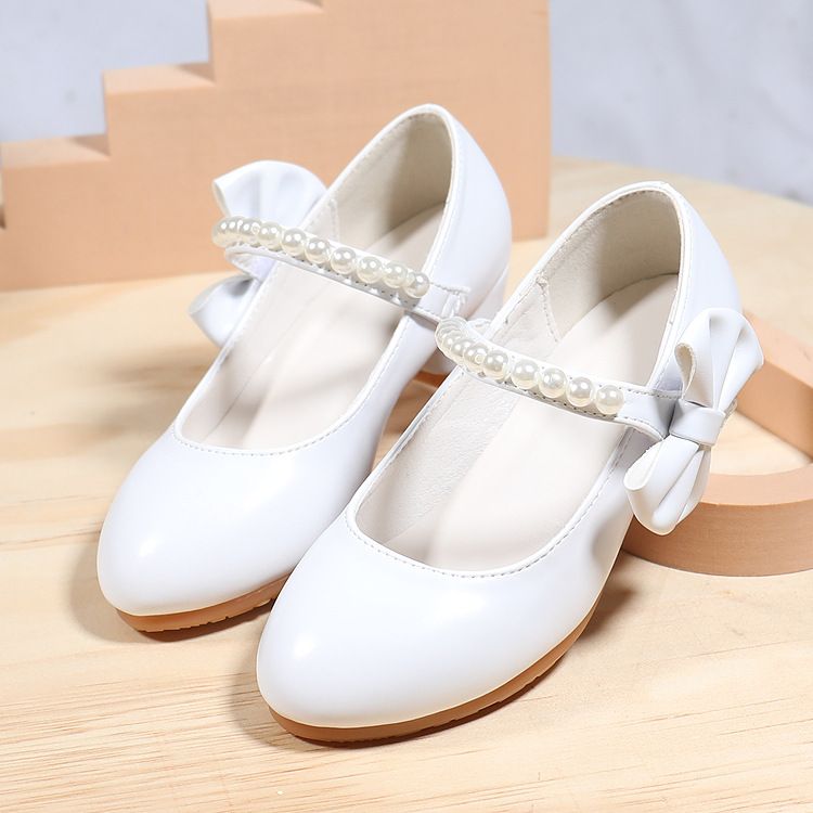 New girls' shoes Princess shoes Pearl round-headed shoes with dress bow high-heeled shoes are suitable for daily casual birthday parties, school Christmas parties and banquets.