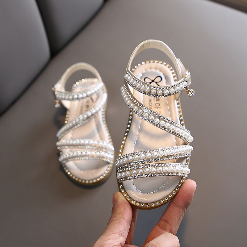 New girls' shoes Princess shoes with dresses Pearl open-toed girls sandals are suitable for daily casual birthday parties, school Christmas parties and banquets.