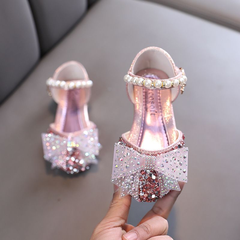 New girls' shoes Princess shoes Sandals bow Pearl sequins with dress shoes are suitable for daily casual birthday parties, school Christmas parties and banquets.