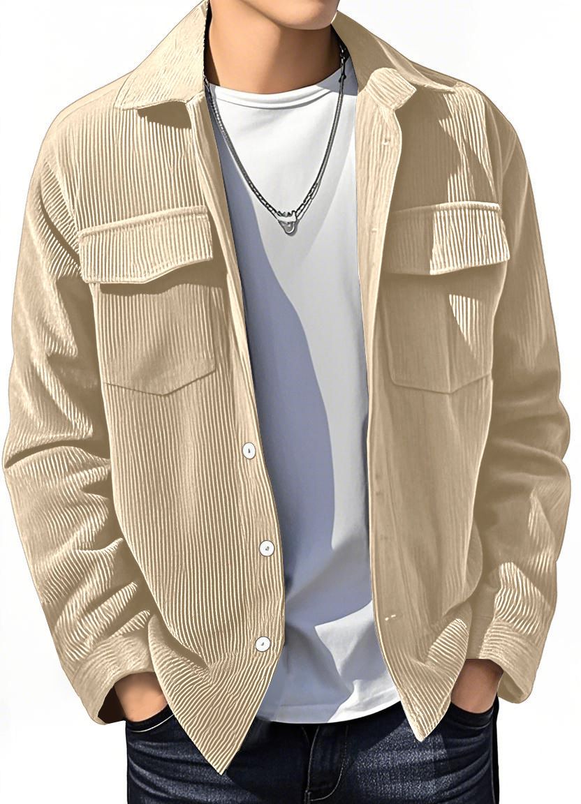 New men's long-sleeved jacket in summer with solid color lapel and button corduroy simple cardigan is suitable for daily leisure and outdoor sports commuting.