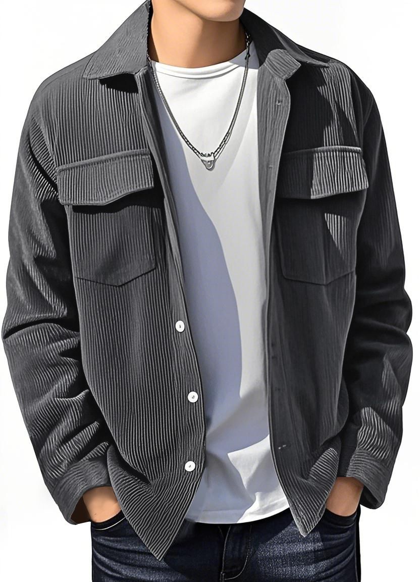 New men's long-sleeved jacket in summer with solid color lapel and button corduroy simple cardigan is suitable for daily leisure and outdoor sports commuting.