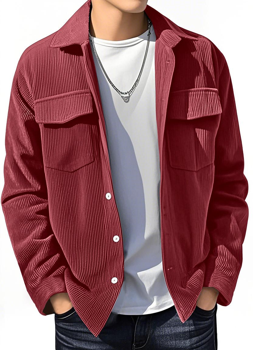 New men's long-sleeved jacket in summer with solid color lapel and button corduroy simple cardigan is suitable for daily leisure and outdoor sports commuting.