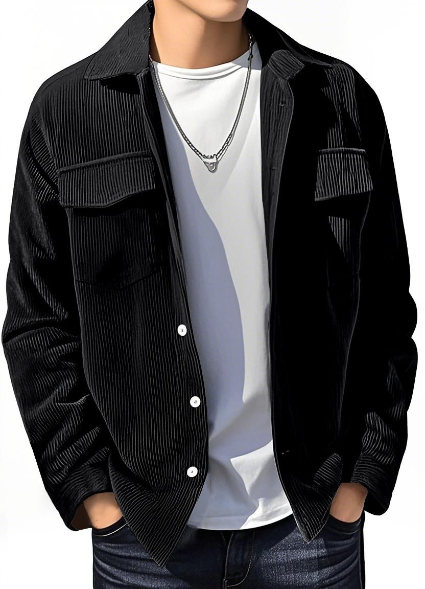 New men's long-sleeved jacket in summer with solid color lapel and button corduroy simple cardigan is suitable for daily leisure and outdoor sports commuting.
