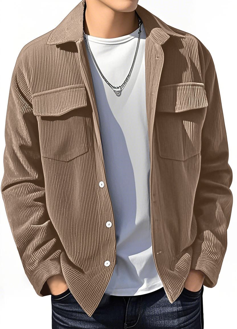 New men's long-sleeved jacket in summer with solid color lapel and button corduroy simple cardigan is suitable for daily leisure and outdoor sports commuting.