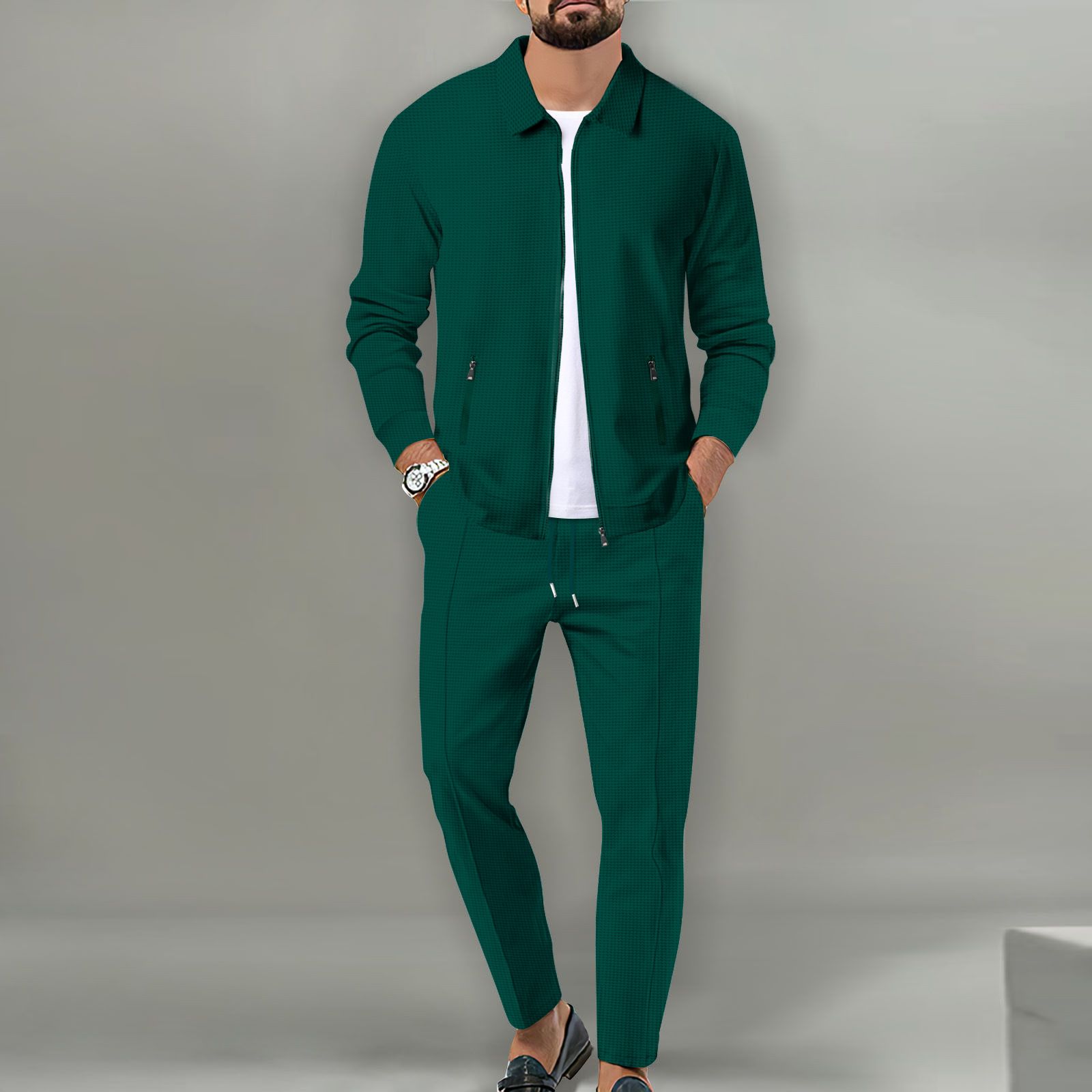New men's two-piece solid color long sleeve lapel zipper cardigan coat casual trousers suit is suitable for daily leisure commuting outdoor sports wear.