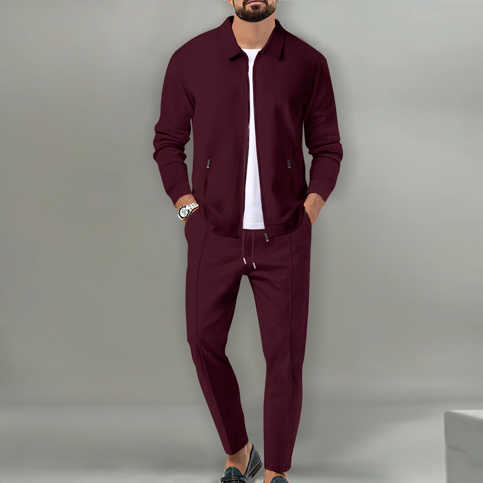 New men's two-piece solid color long sleeve lapel zipper cardigan coat casual trousers suit is suitable for daily leisure commuting outdoor sports wear.