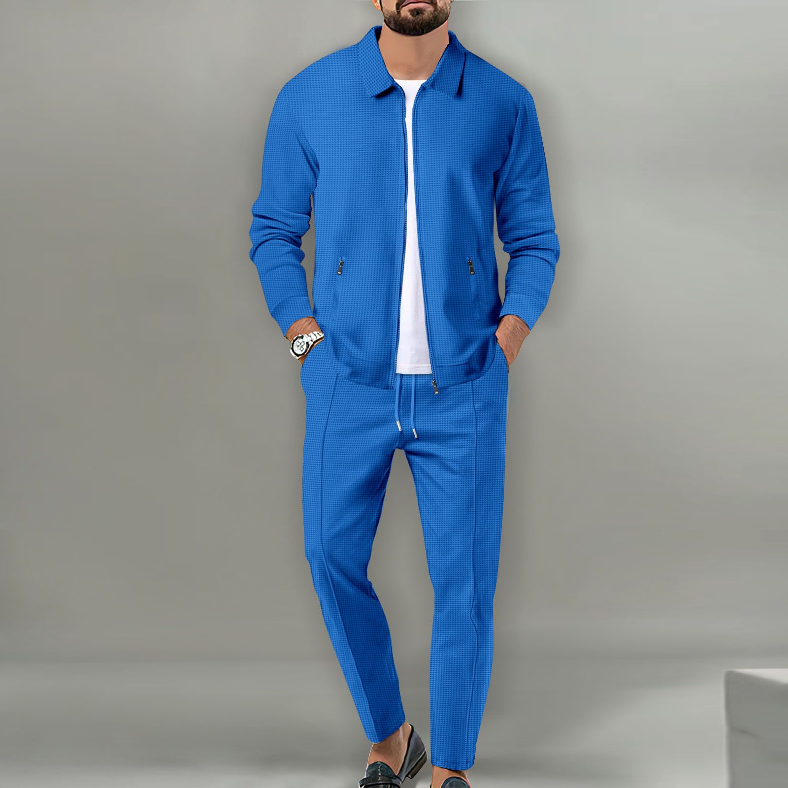New men's two-piece solid color long sleeve lapel zipper cardigan coat casual trousers suit is suitable for daily leisure commuting outdoor sports wear.