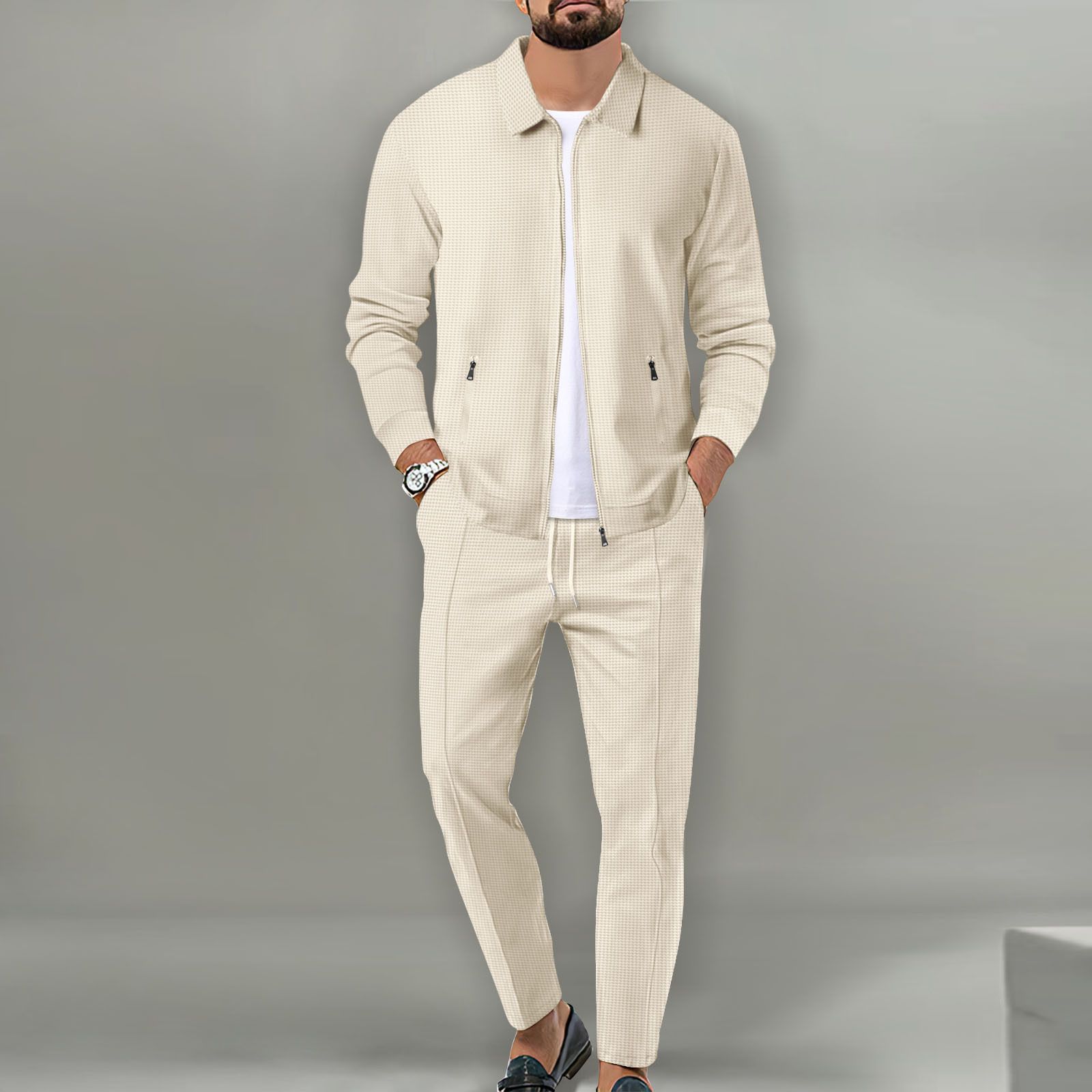 New men's two-piece solid color long sleeve lapel zipper cardigan coat casual trousers suit is suitable for daily leisure commuting outdoor sports wear.