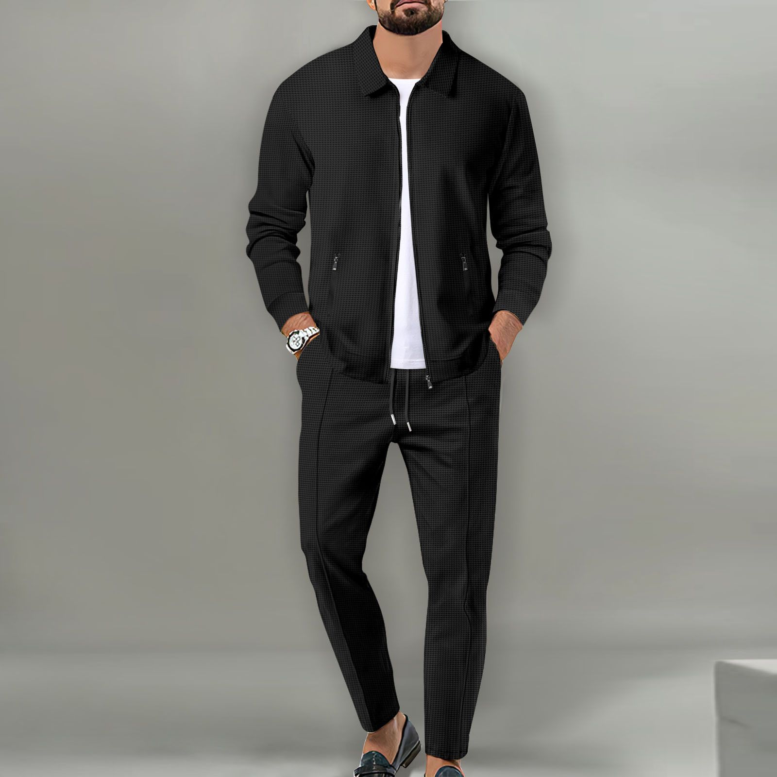 New men's two-piece solid color long sleeve lapel zipper cardigan coat casual trousers suit is suitable for daily leisure commuting outdoor sports wear.