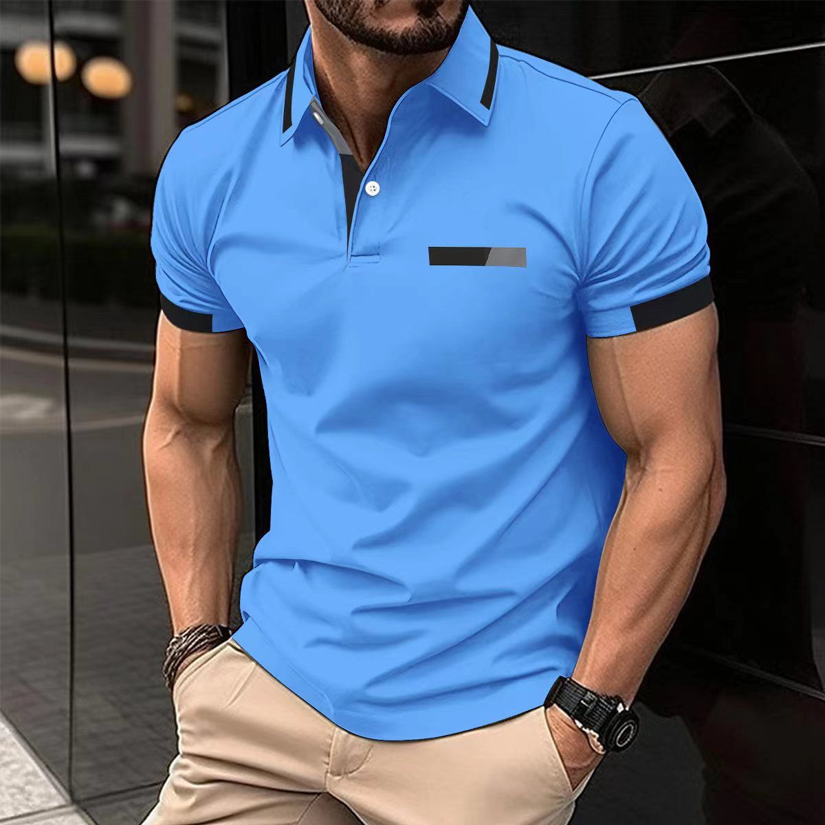 Summer new men's short sleeve T-shirt color matching lapel button men's polo shirt is suitable for daily leisure commuting outdoor sports wear.