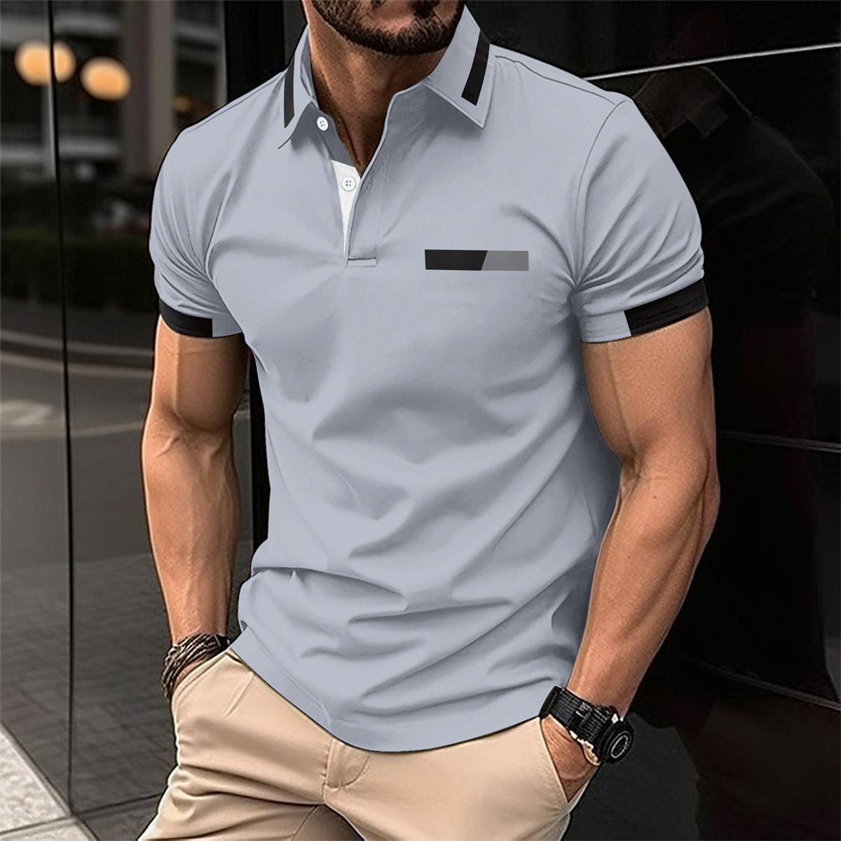 Summer new men's short sleeve T-shirt color matching lapel button men's polo shirt is suitable for daily leisure commuting outdoor sports wear.