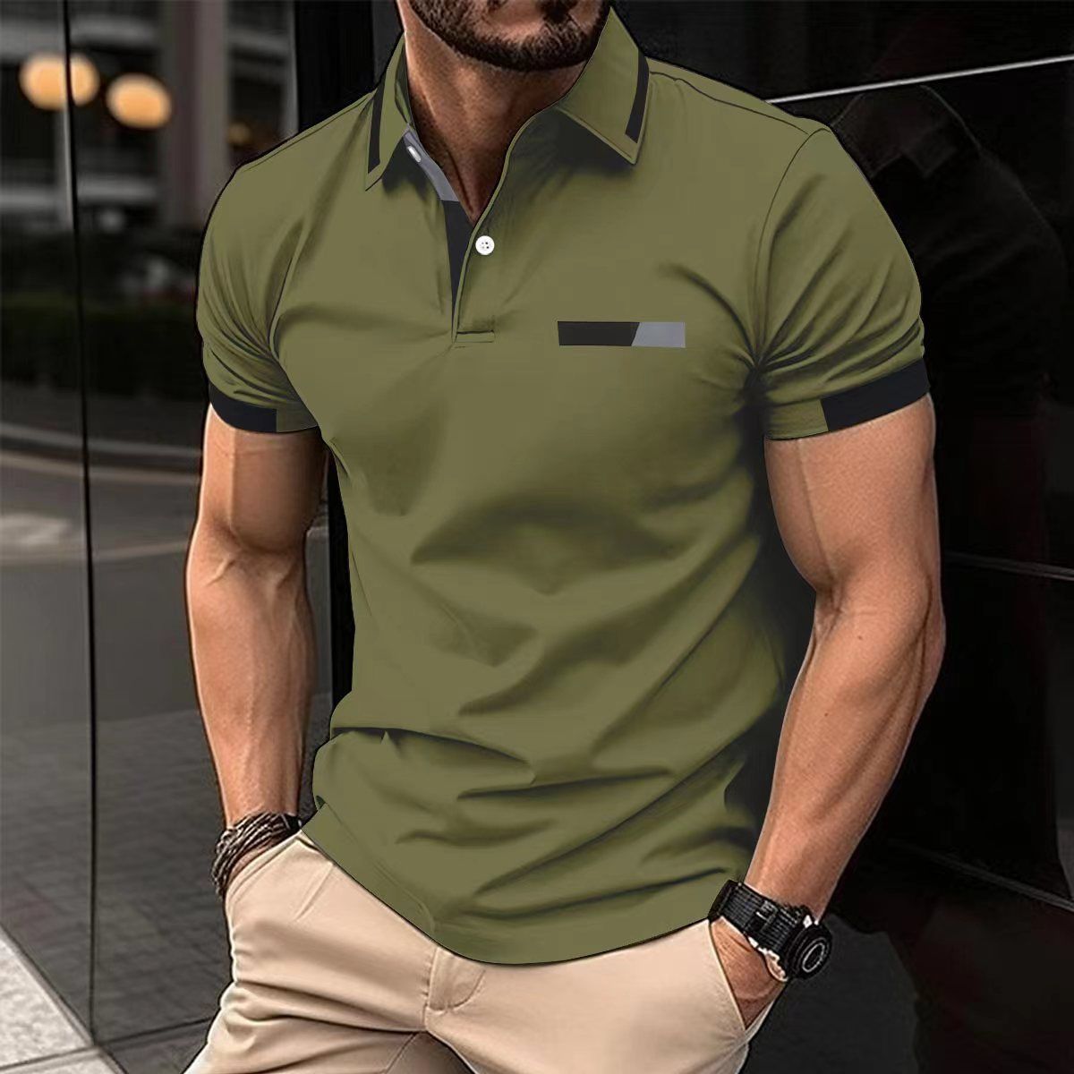 Summer new men's short sleeve T-shirt color matching lapel button men's polo shirt is suitable for daily leisure commuting outdoor sports wear.