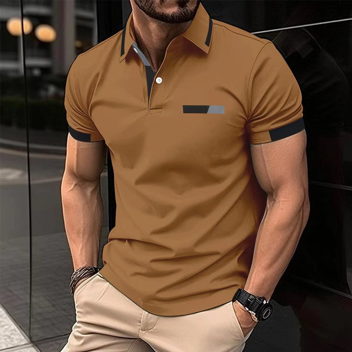 Summer new men's short sleeve T-shirt color matching lapel button men's polo shirt is suitable for daily leisure commuting outdoor sports wear.