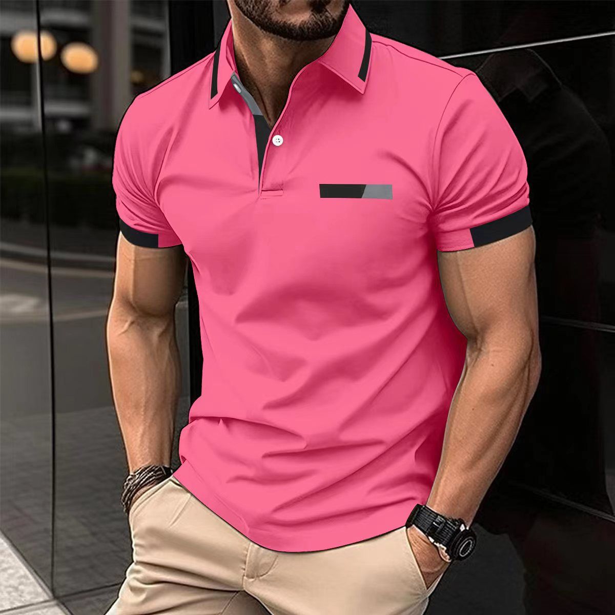 Summer new men's short sleeve T-shirt color matching lapel button men's polo shirt is suitable for daily leisure commuting outdoor sports wear.