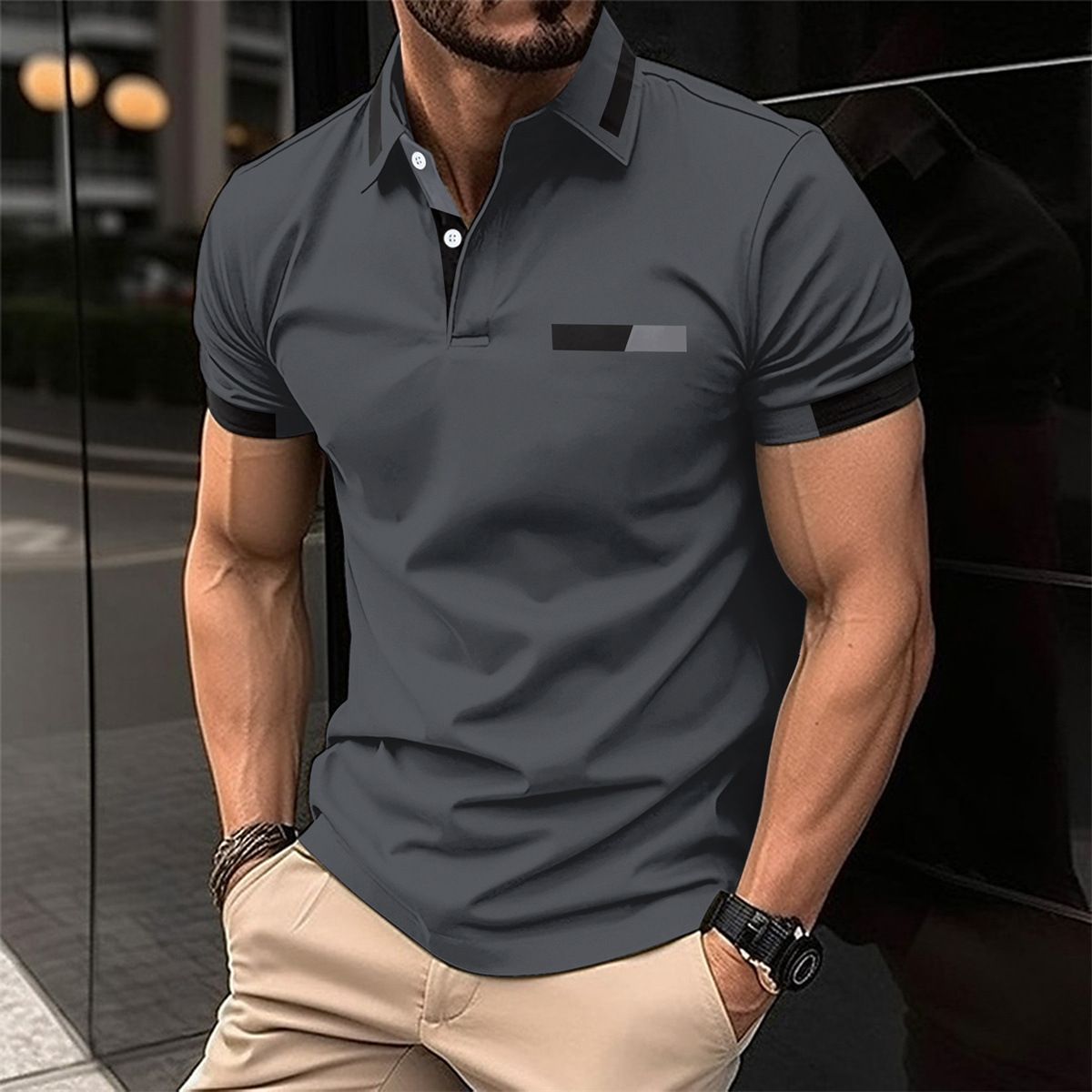 Summer new men's short sleeve T-shirt color matching lapel button men's polo shirt is suitable for daily leisure commuting outdoor sports wear.