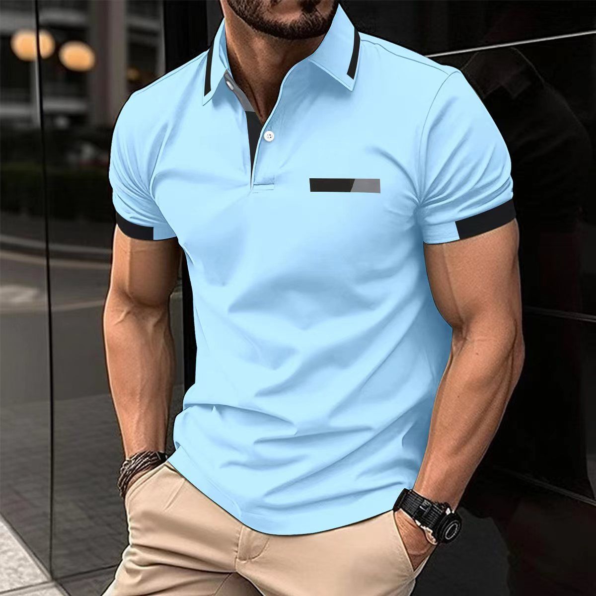 Summer new men's short sleeve T-shirt color matching lapel button men's polo shirt is suitable for daily leisure commuting outdoor sports wear.