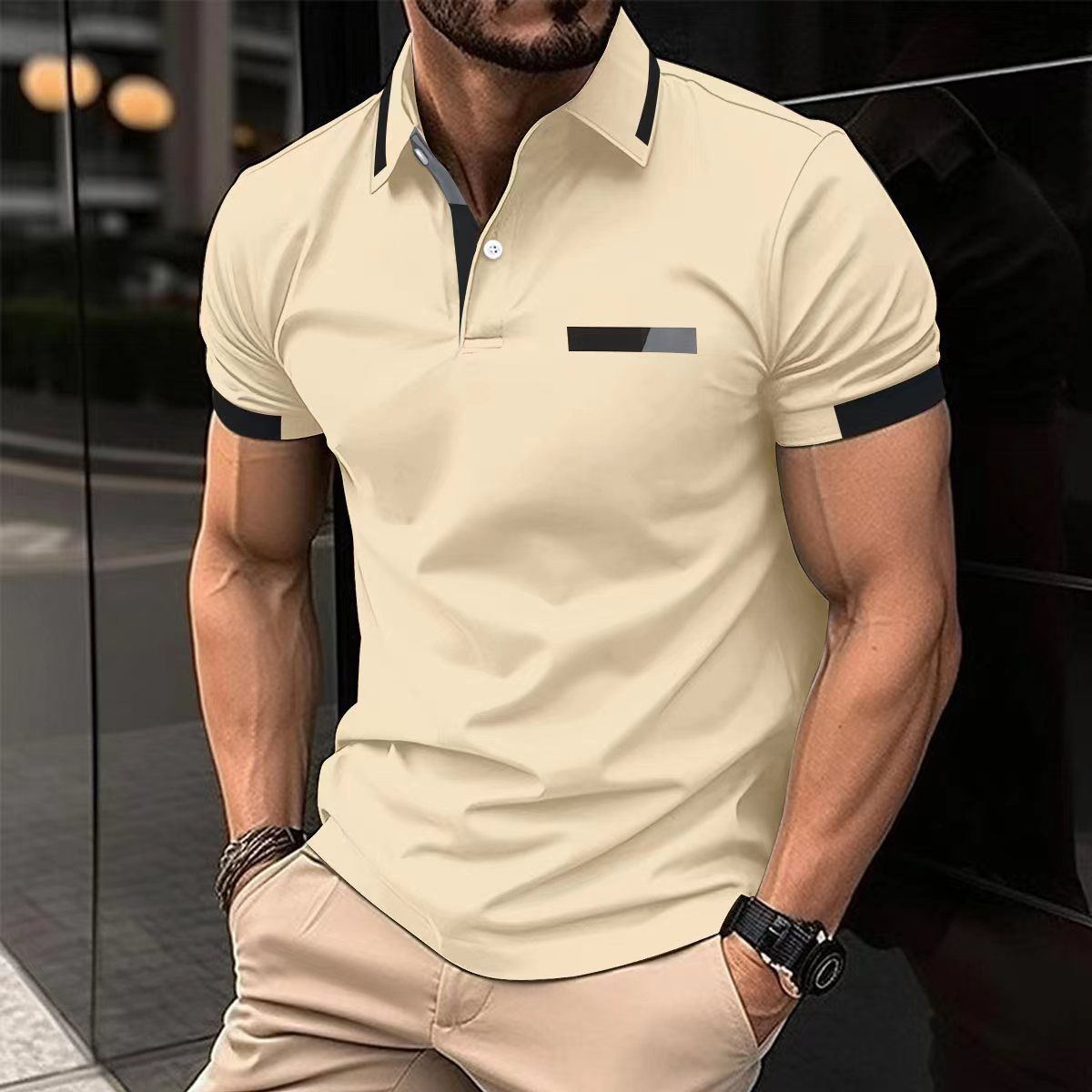 Summer new men's short sleeve T-shirt color matching lapel button men's polo shirt is suitable for daily leisure commuting outdoor sports wear.