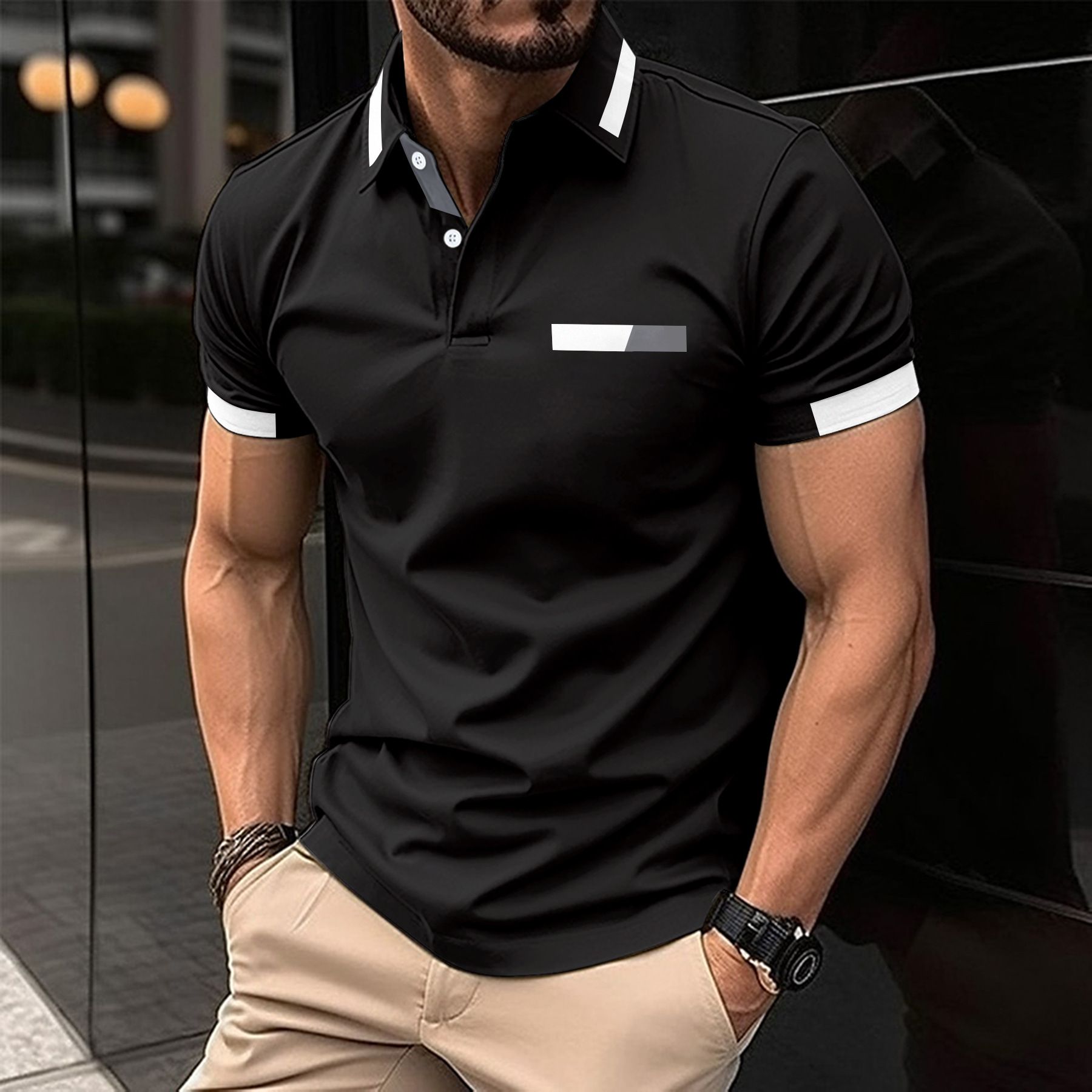 Summer new men's short sleeve T-shirt color matching lapel button men's polo shirt is suitable for daily leisure commuting outdoor sports wear.