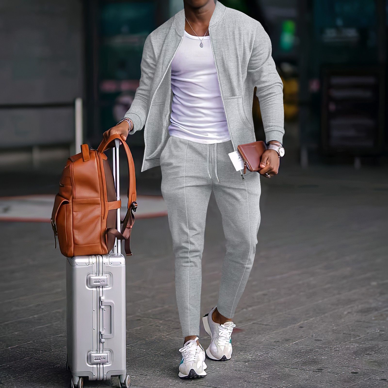 New men's two-piece long sleeve collar zipper cardigan jacket casual trousers men's suit is suitable for daily leisure commuting outdoor sports wear.