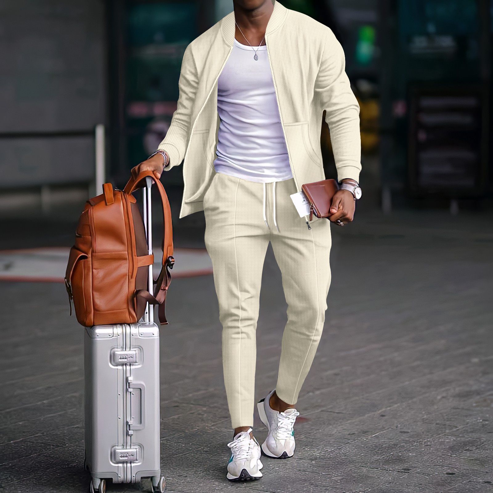 New men's two-piece long sleeve collar zipper cardigan jacket casual trousers men's suit is suitable for daily leisure commuting outdoor sports wear.