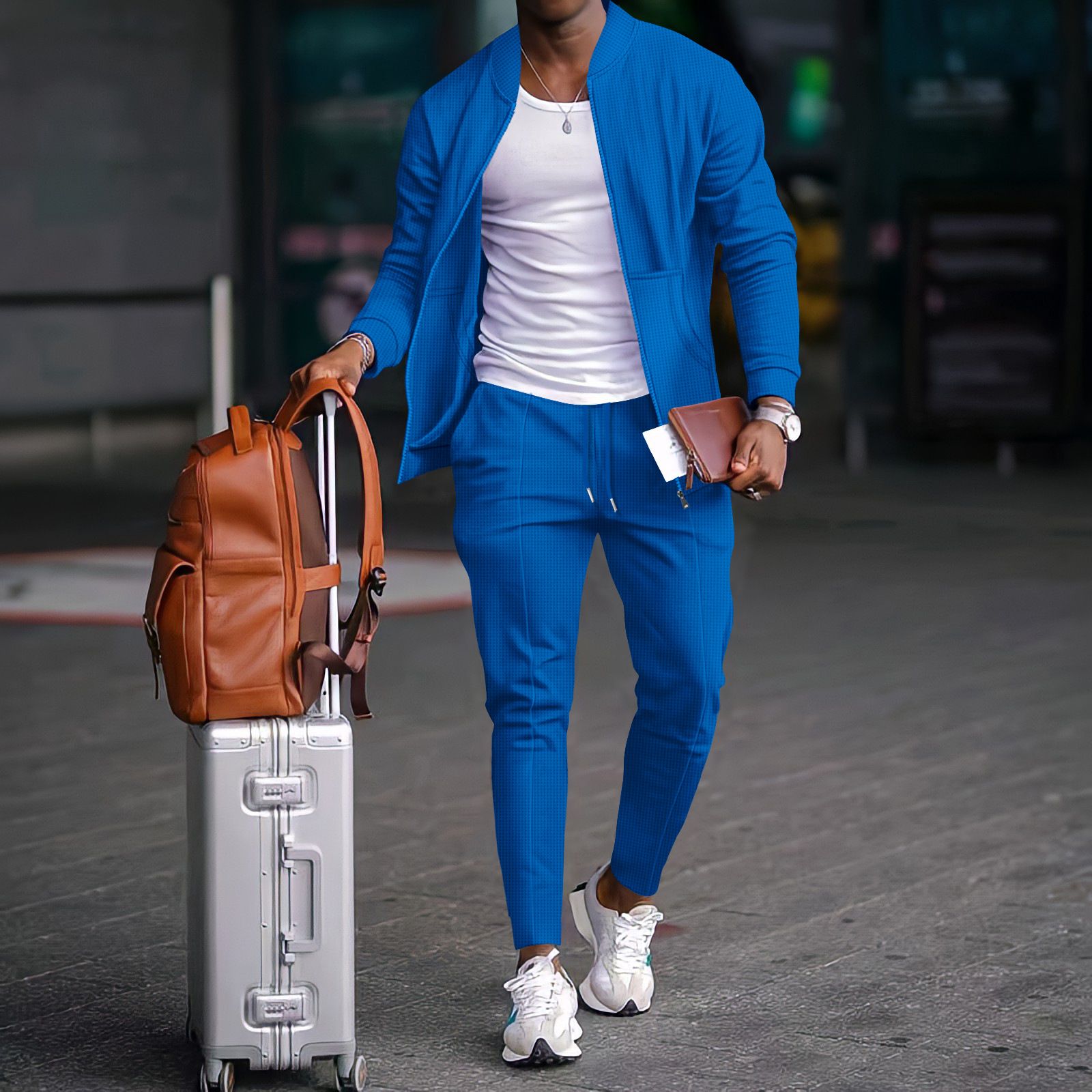 New men's two-piece long sleeve collar zipper cardigan jacket casual trousers men's suit is suitable for daily leisure commuting outdoor sports wear.