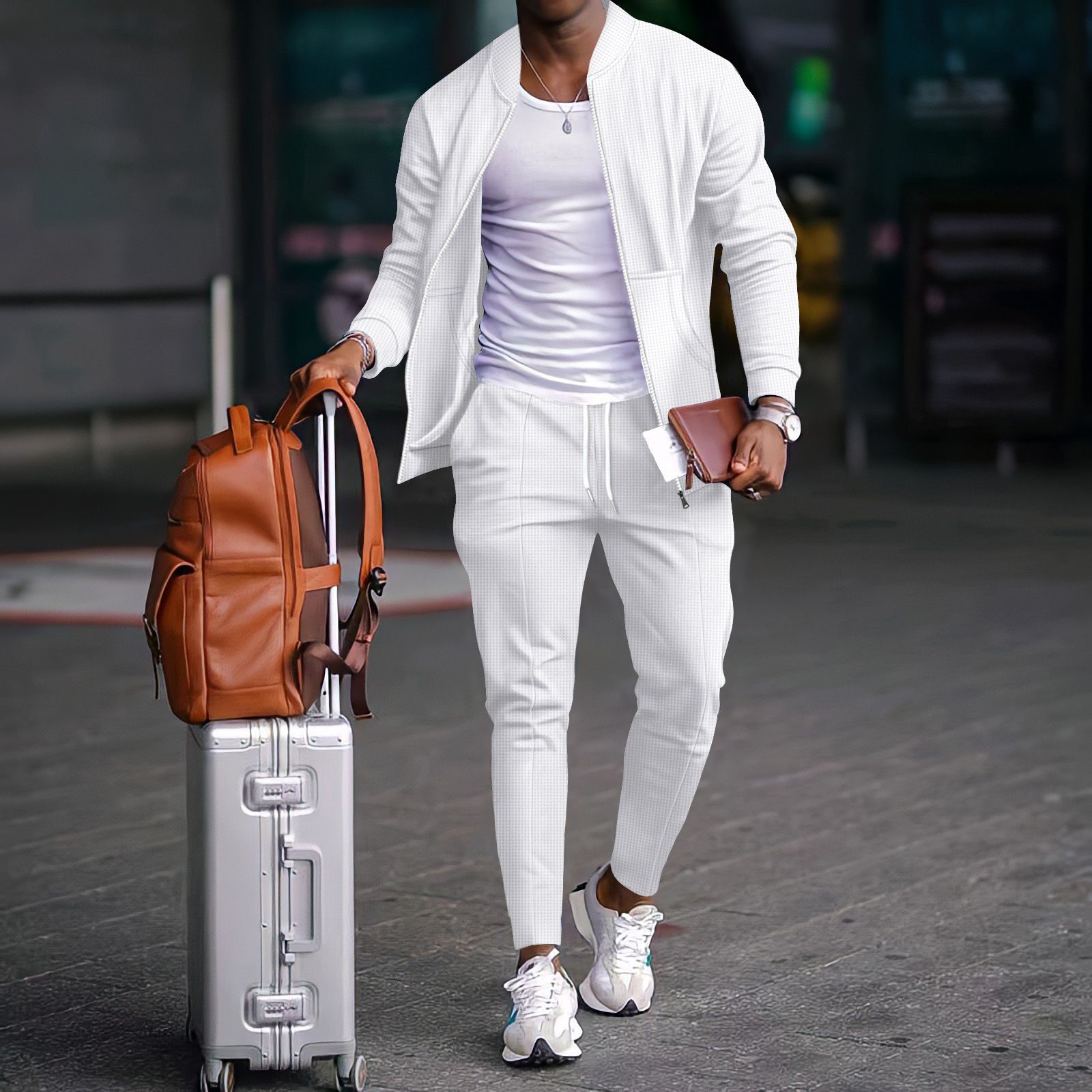 New men's two-piece long sleeve collar zipper cardigan jacket casual trousers men's suit is suitable for daily leisure commuting outdoor sports wear.
